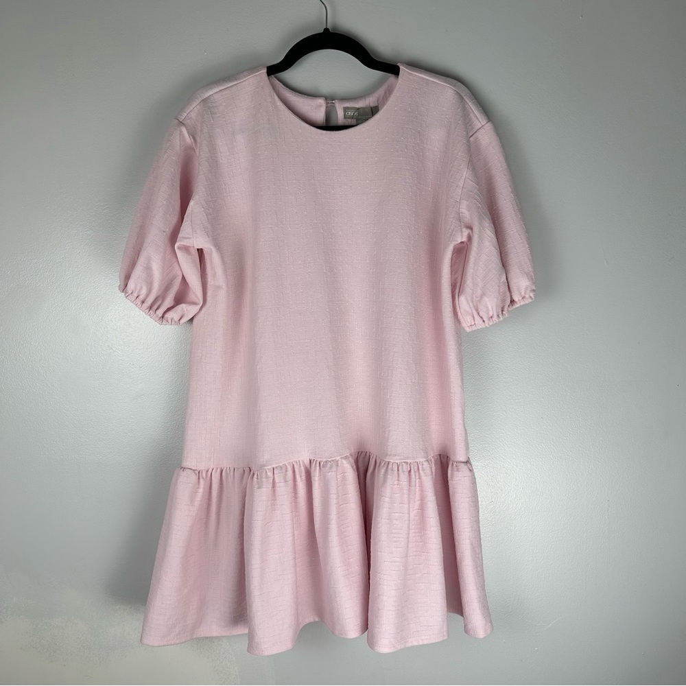 Asos Textured Puff Sleeve Ruffle Hem  MiniDress in Light Pink, Size 8 US